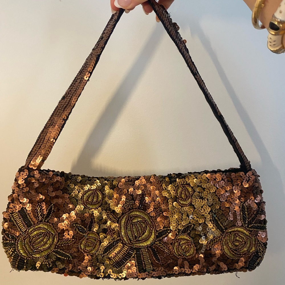 Sequin Embellished Brown and Gold Women's Bag